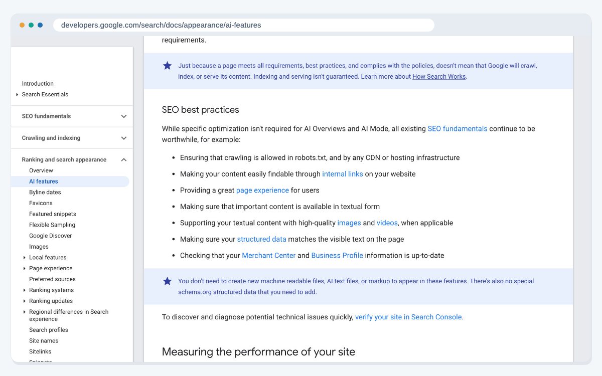 Google's guide to AI features at the SEO best practices section, which says the usual SEO best practices still apply to AI Overviews and AI Mode.