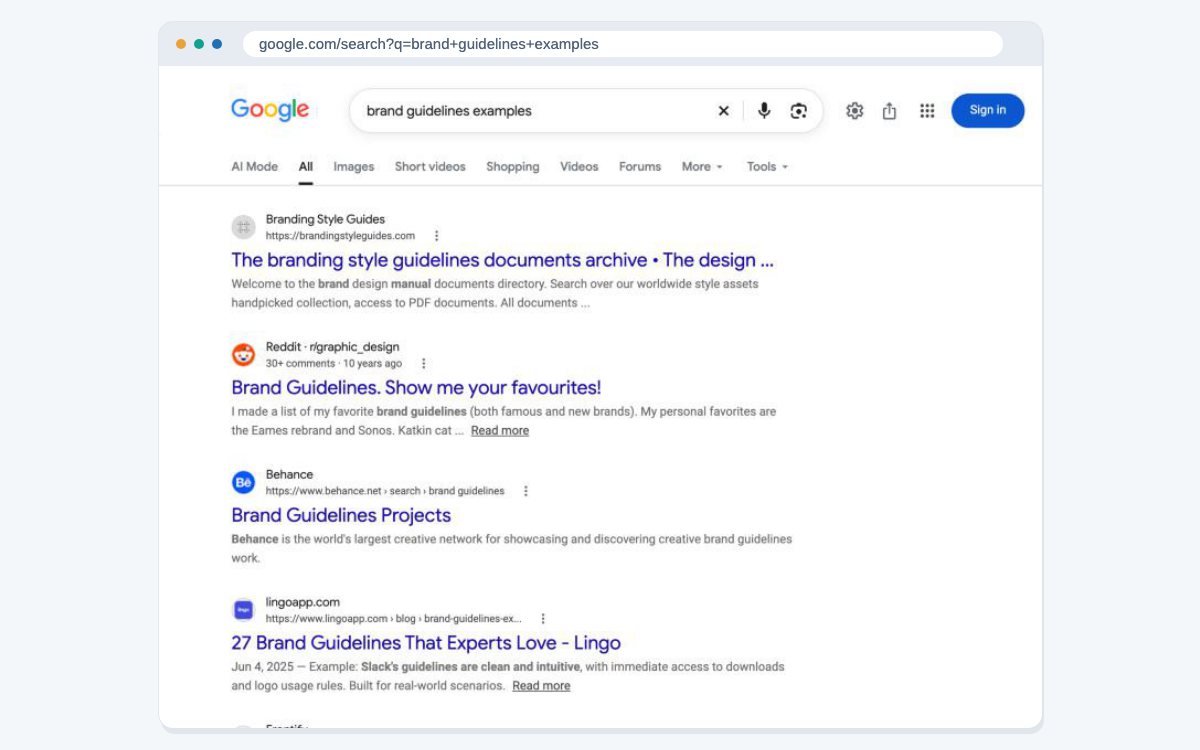 Google's results for brand guidelines examples, led by an archive of brand guide documents, a Reddit thread of favourite guides, Behance projects and a list of 27 brand guidelines.