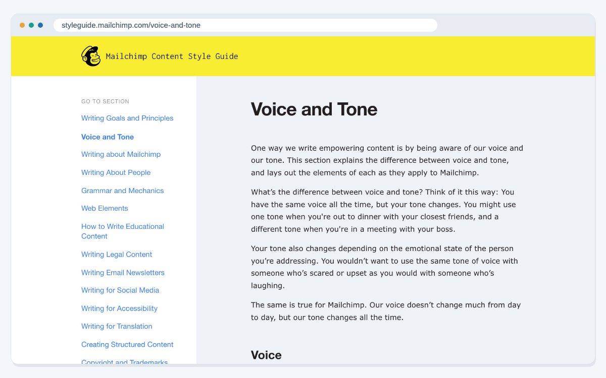 Mailchimp's Content Style Guide open at its Voice and Tone page, with every section of the guide listed in the menu on the left.