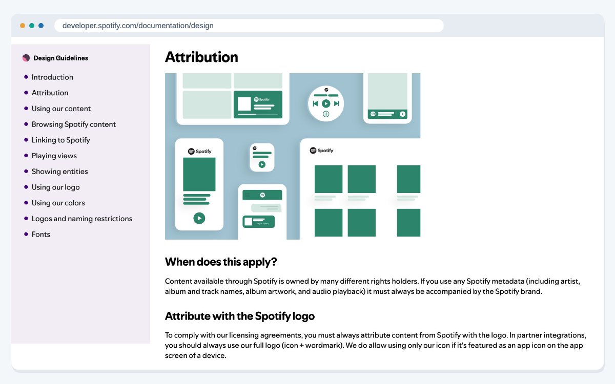 The Attribution section of Spotify's Design and Branding Guidelines, with the guide's sections in a menu on the left and pictures of partner apps that show the Spotify logo.