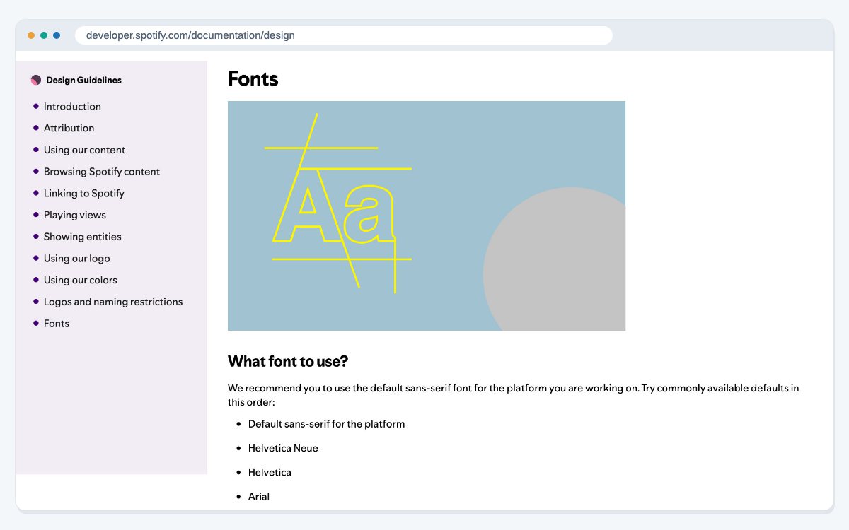 The Fonts section of Spotify's Design and Branding Guidelines, which tells partners which fonts to use and which ones to fall back on.