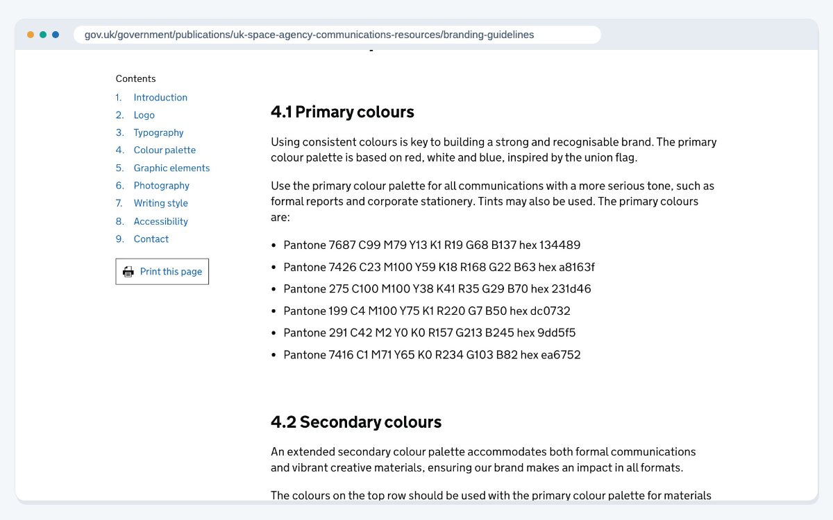 The UK Space Agency brand guidelines on GOV.UK, open at section 4.1 Primary colours, which lists six Pantone colours with their CMYK, RGB and HEX codes.