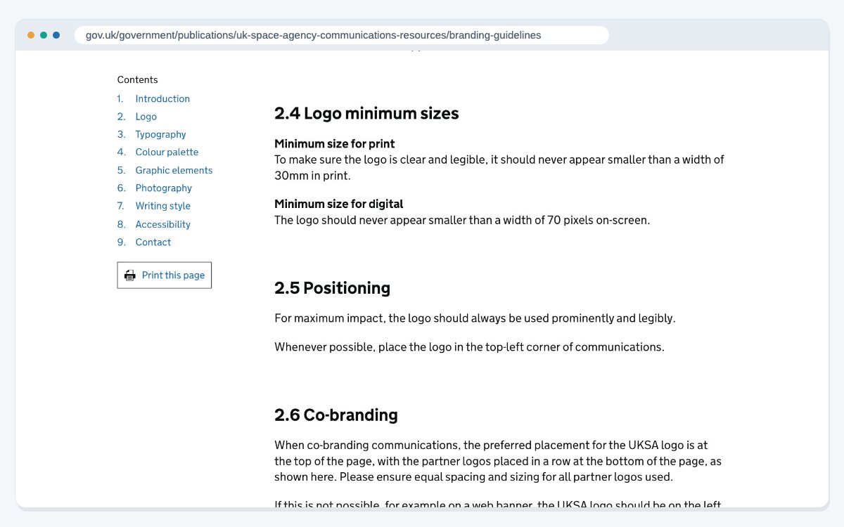 Section 2.4 of the UK Space Agency guidelines, which sets the smallest size of the logo in print and on screens.