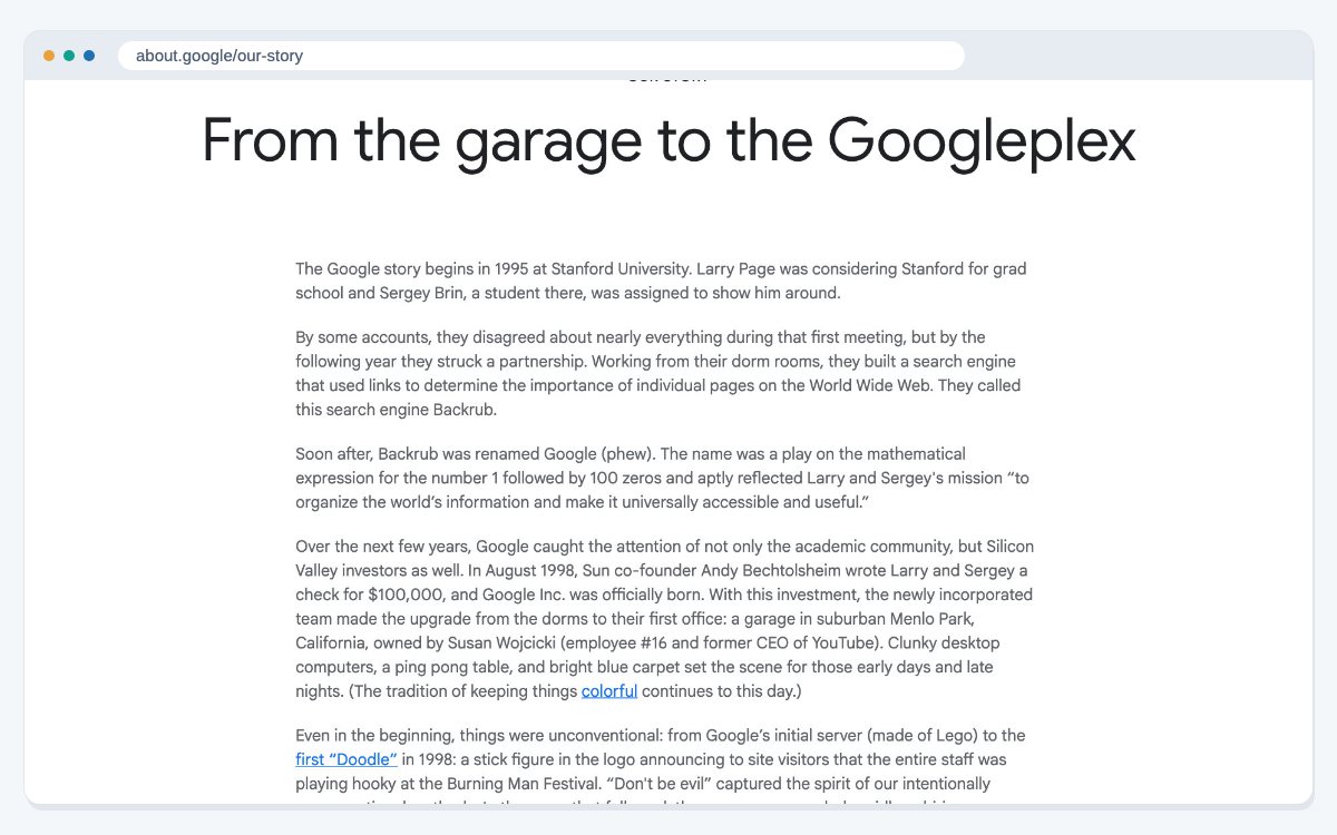 Google's Our story page, which tells how Larry Page and Sergey Brin built a search engine called Backrub and then renamed it Google.