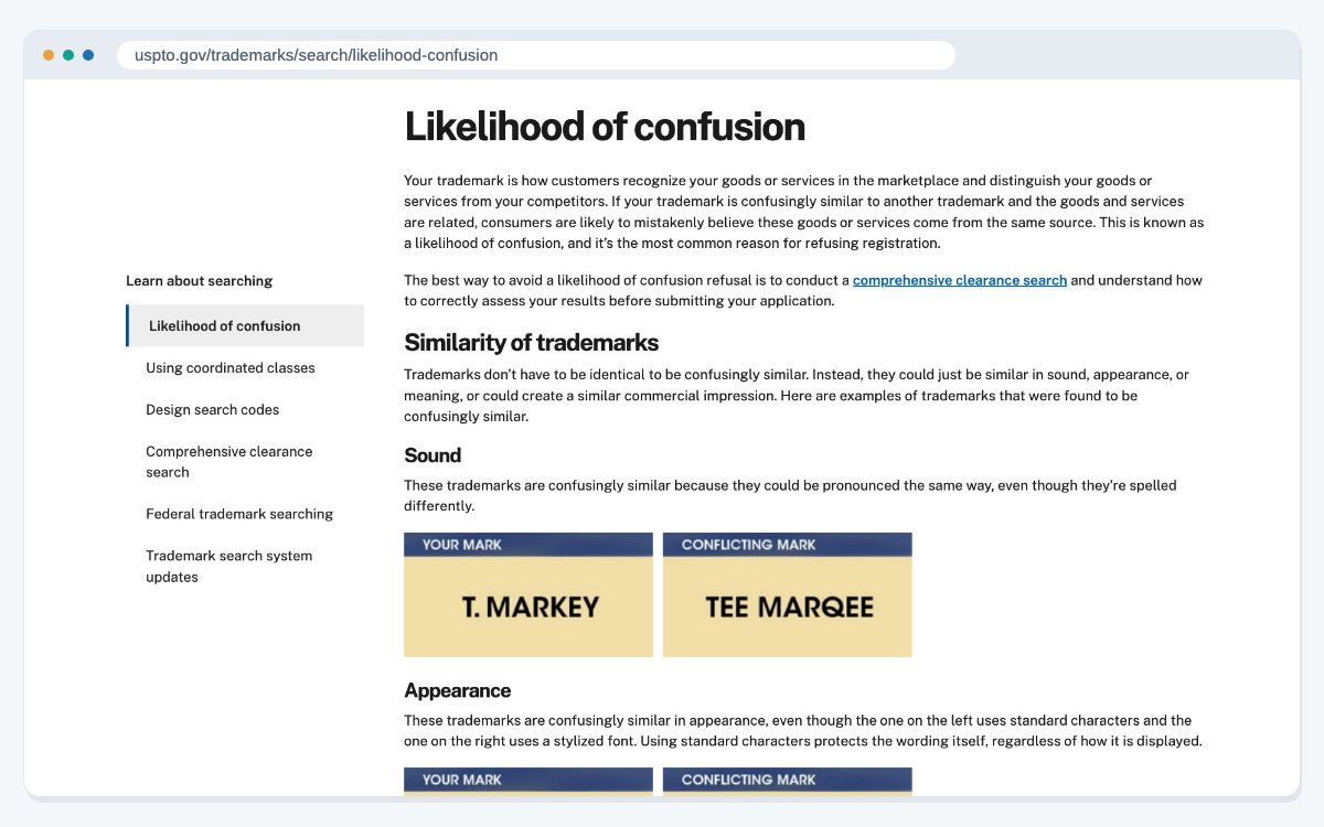 The USPTO page on likelihood of confusion, which explains that similar marks for related goods or services are the most common reason a trademark is refused.