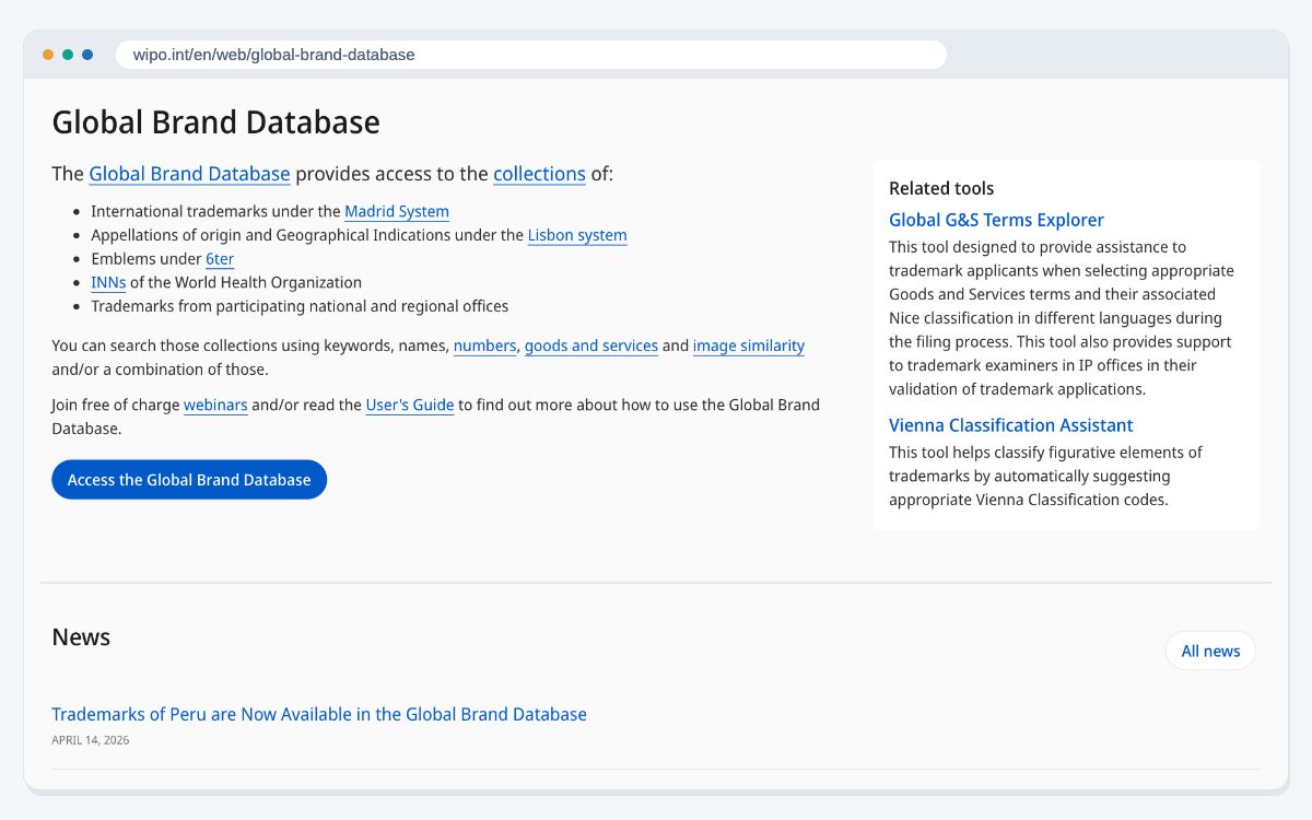 WIPO's Global Brand Database page, which lists the trademark collections it covers, including the Madrid System and national and regional offices.