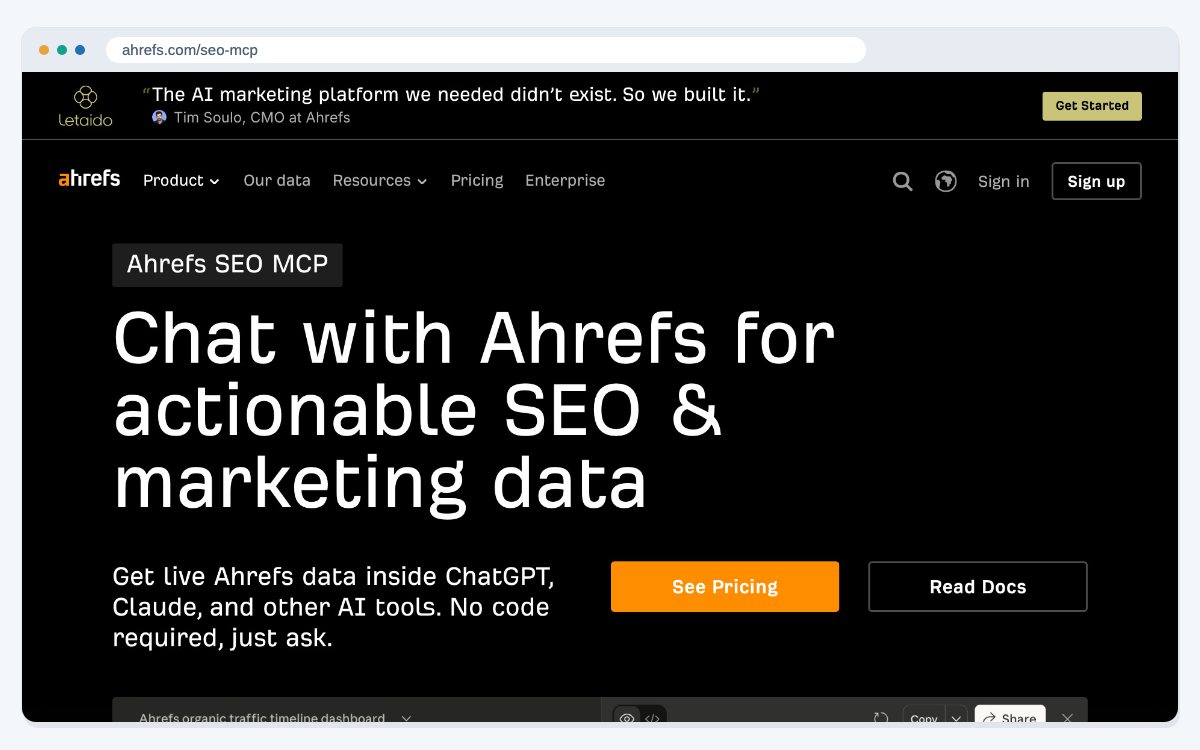 The Ahrefs SEO MCP page, which explains how to get live Ahrefs data inside ChatGPT and other AI tools by asking in plain language.