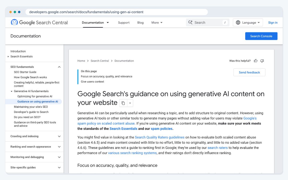 Google Search Central's guidance on using generative AI content on your website, which asks site owners to check AI content for accuracy before publishing.