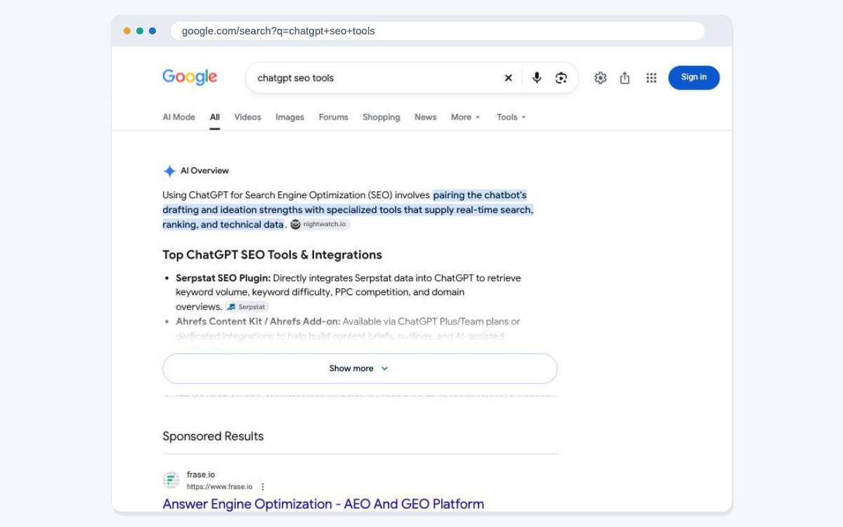 Google's results for chatgpt seo tools, with an AI Overview that describes pairing ChatGPT with SEO tools that supply search, ranking and technical data.