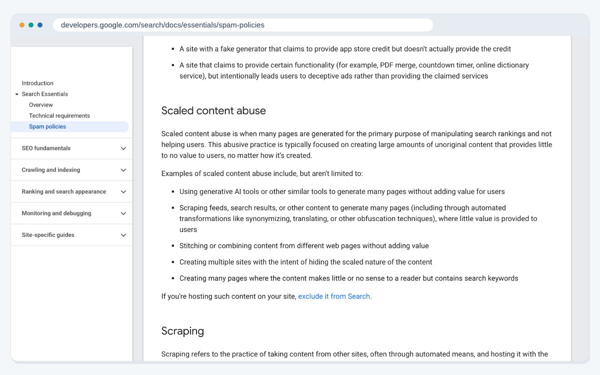 The scaled content abuse section of Google's spam policies, which lists using generative AI tools to generate many pages without adding value as its first example.