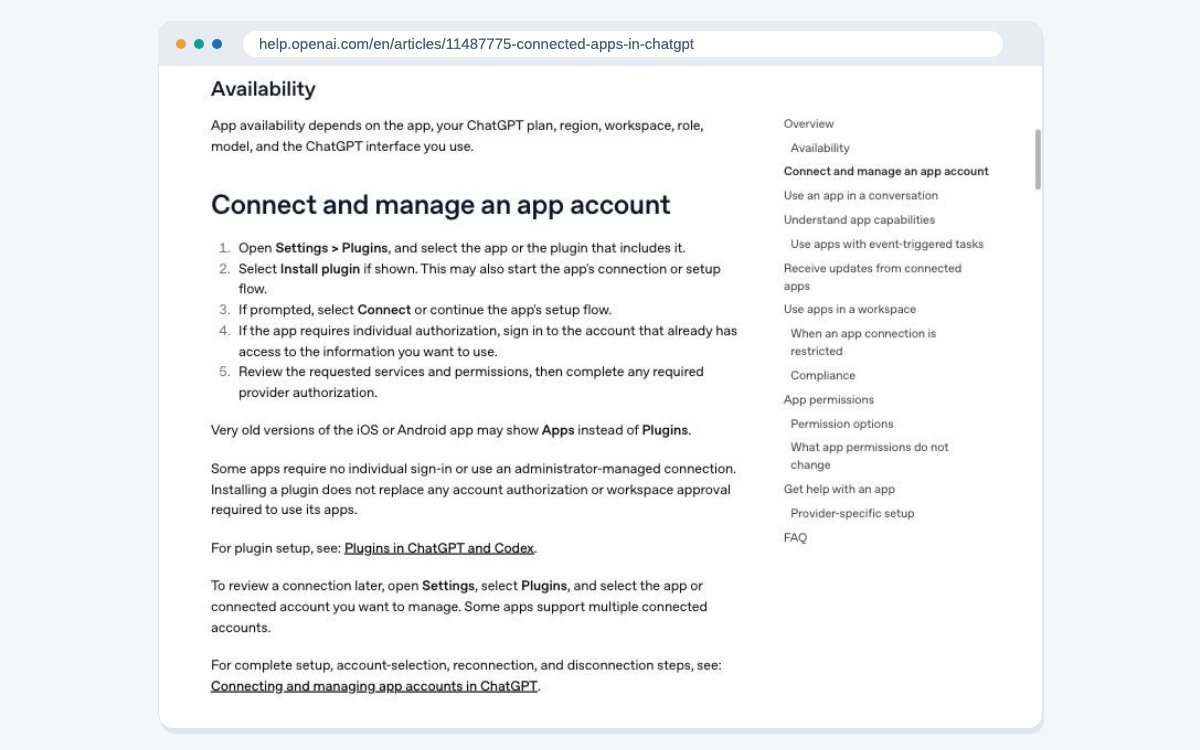 OpenAI's help article on connected apps in ChatGPT at the section on connecting an app account, which starts in Settings under Plugins.