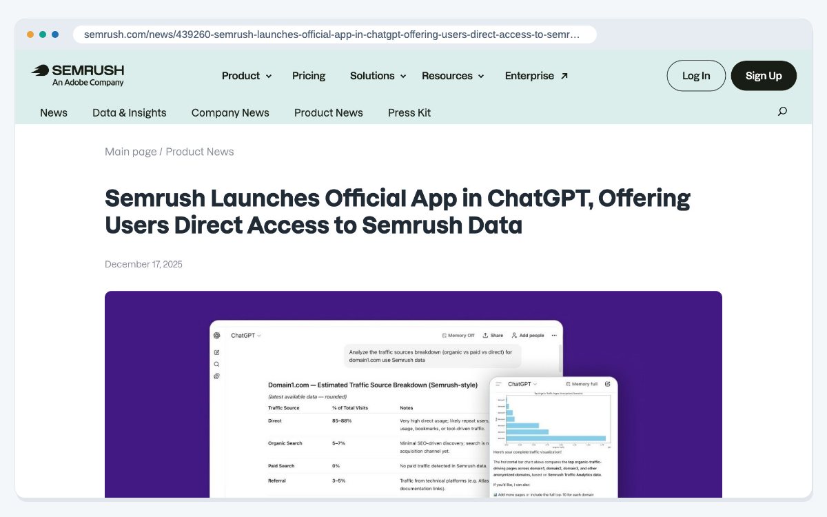 Semrush's news page announcing its official app in ChatGPT, which gives Semrush customers live Semrush data inside ChatGPT.