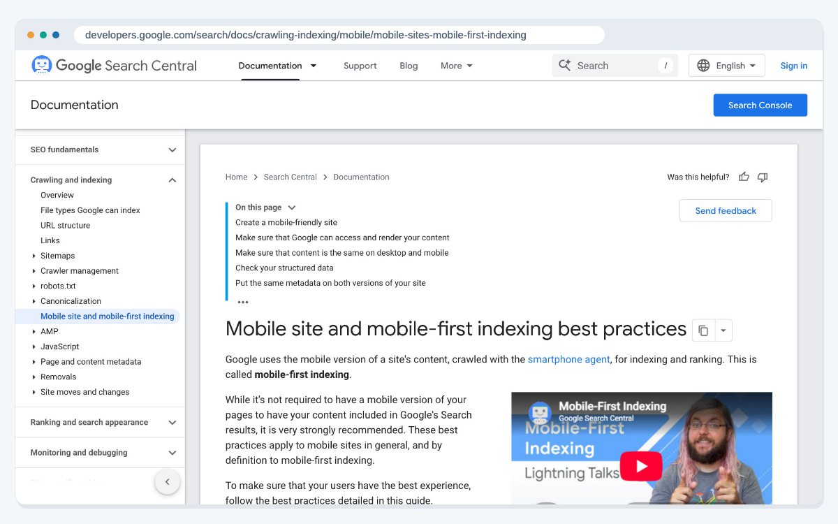 The top of Google's page on mobile-first indexing, which says Google uses the mobile version of a site's content for indexing and ranking.