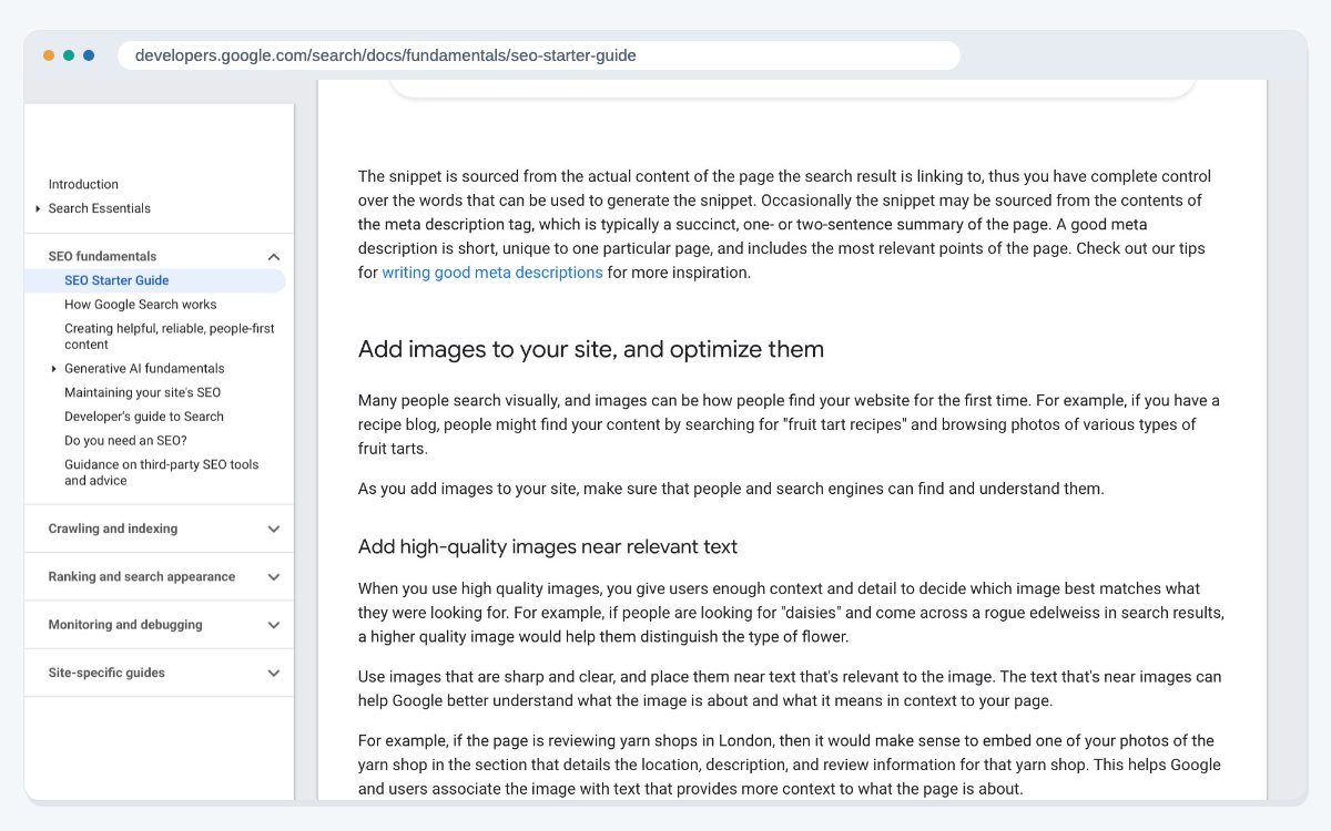 The images section of Google's SEO Starter Guide, which asks for sharp, clear images placed near the text they relate to.