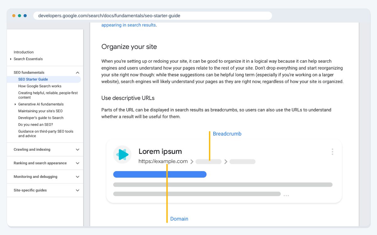 Google's SEO Starter Guide open at the section Use descriptive URLs, which explains why words in a page address help people and search engines.