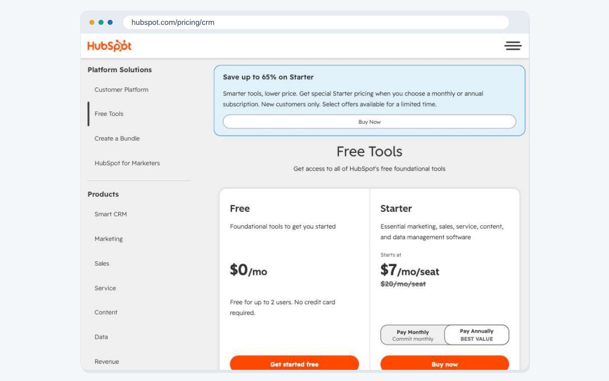 HubSpot's pricing page for its free tools, showing the Free plan at $0 a month for up to 2 users next to the Starter plan priced per seat.