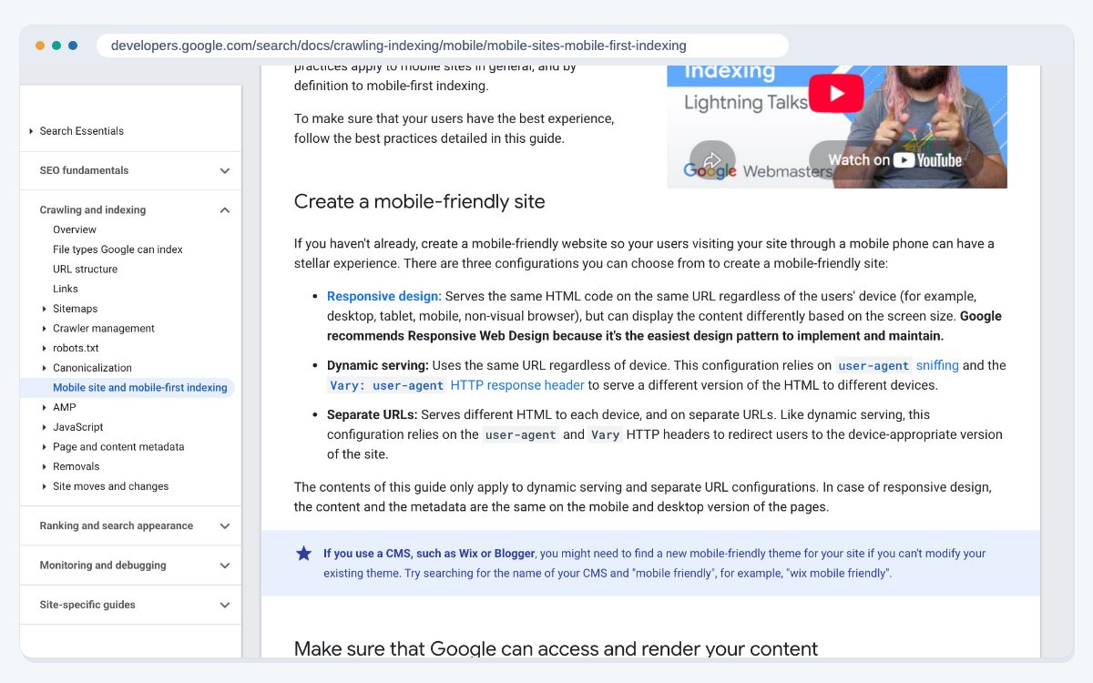 Google's mobile-first indexing best practices page at the section on creating a mobile-friendly site, where Google recommends responsive web design as the easiest pattern to build and maintain.