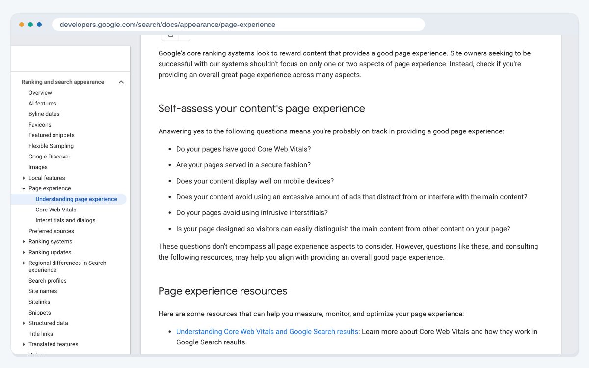 Google's page experience guide at the self-assessment section, with questions about Core Web Vitals, secure pages, mobile display, distracting ads, intrusive interstitials and clear main content.