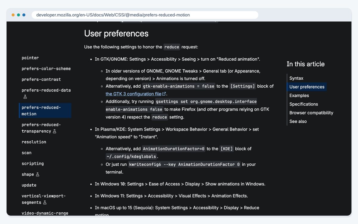 MDN's reference page for the prefers-reduced-motion media feature, at the section explaining how users turn on reduced motion in their device settings.
