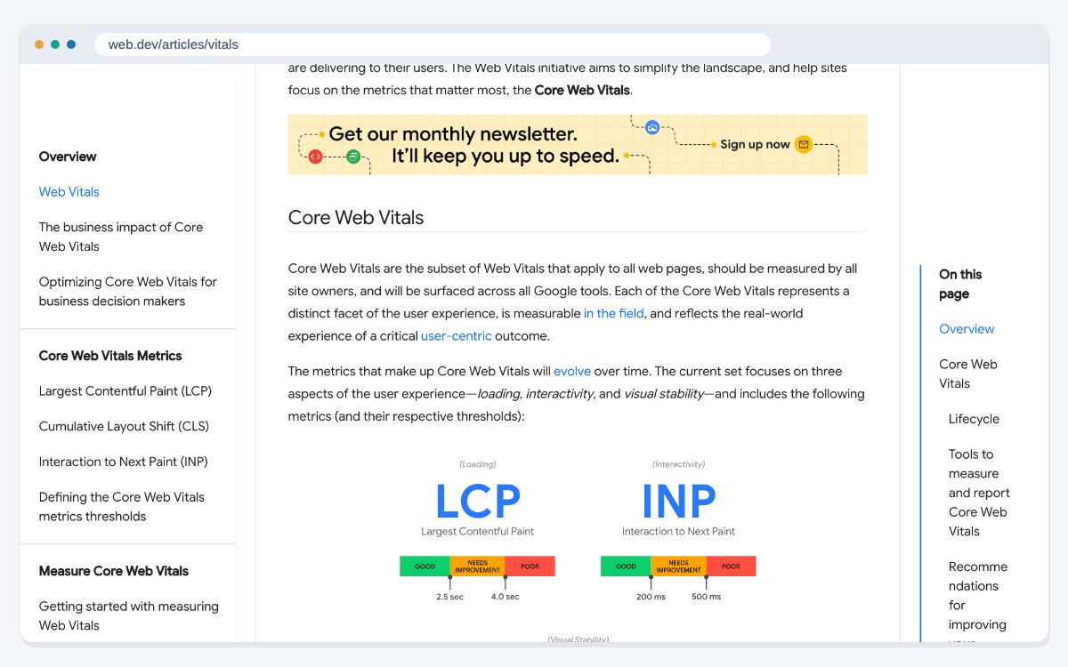 The Core Web Vitals section of the web.dev guide, showing the good and poor thresholds for Largest Contentful Paint and Interaction to Next Paint.