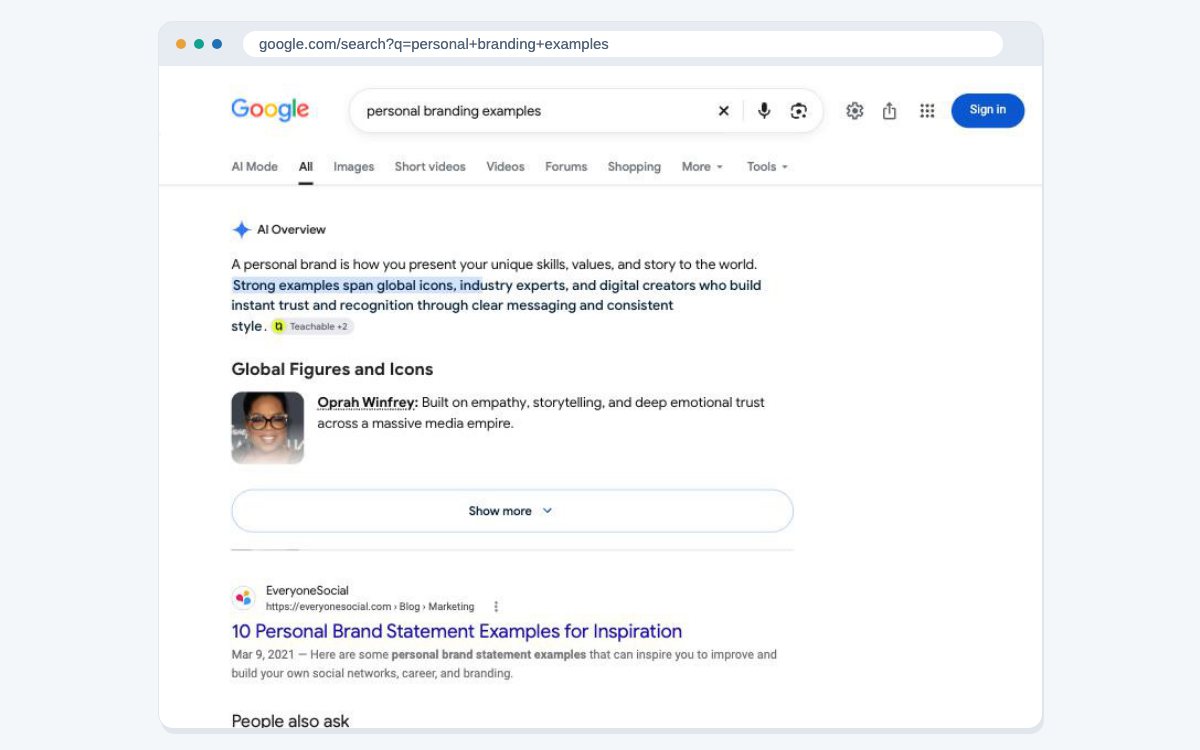 Google's results for personal branding examples, with an AI Overview that describes a personal brand and lists well-known people as examples.