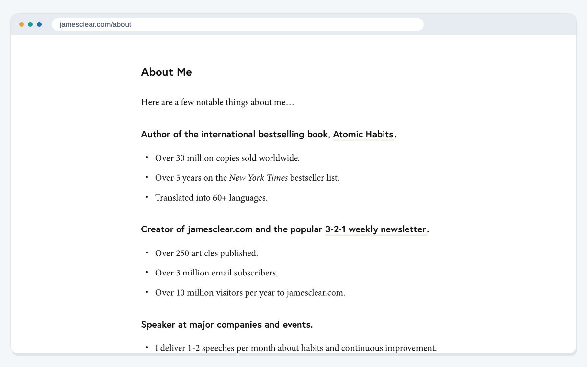 The About Me section of James Clear's website, listing his work as author of Atomic Habits, creator of the 3-2-1 newsletter and a speaker.