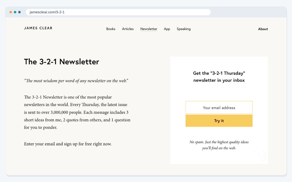 The sign-up page for James Clear's weekly 3-2-1 newsletter on his own website.