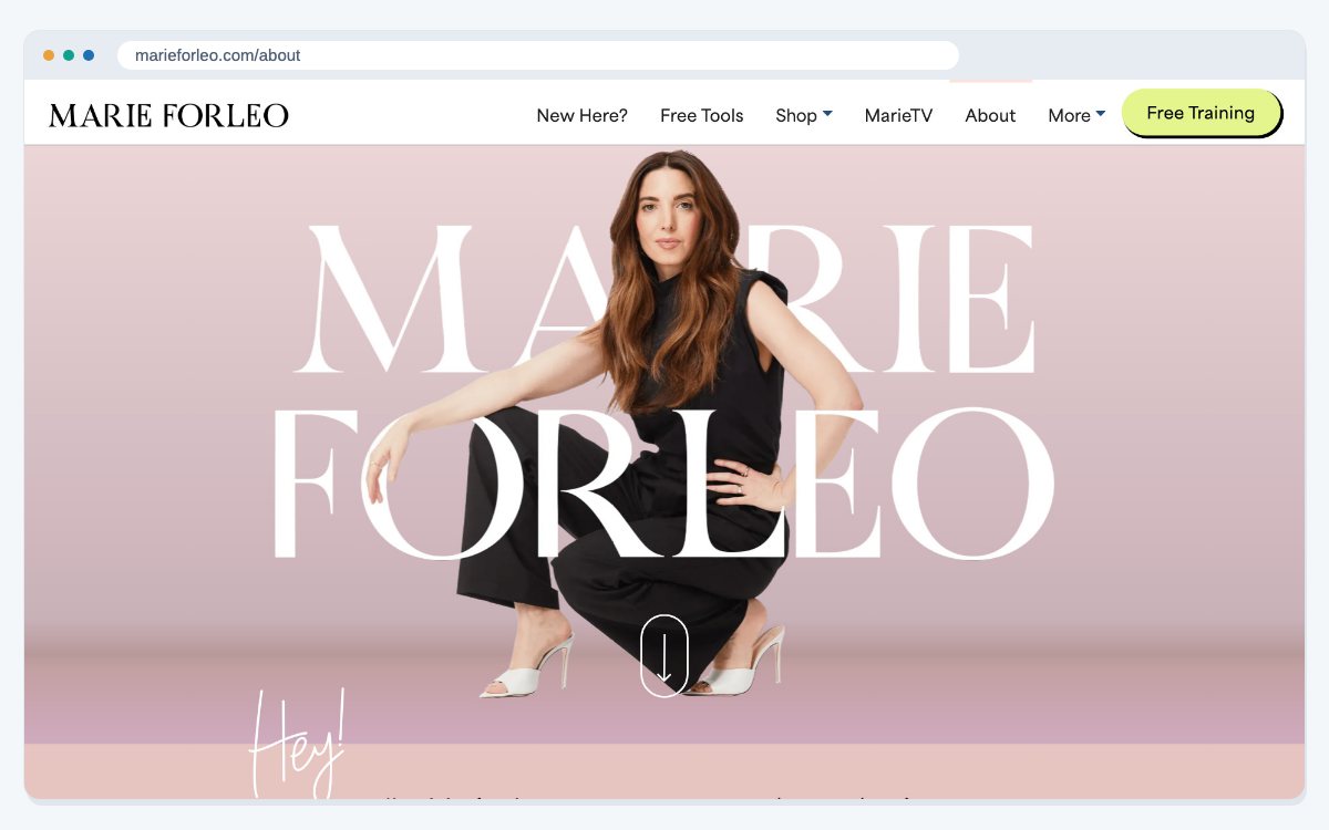 The top of Marie Forleo's about page on her own website, with her name across a large photo and a menu that links to her free tools, shop, MarieTV and more.