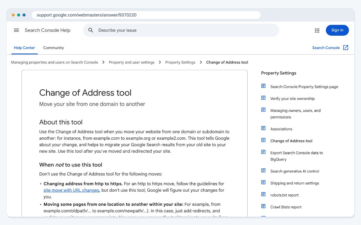 The Search Console Help page for the Change of Address tool, which is used to tell Google that a site has moved to a new domain or subdomain.