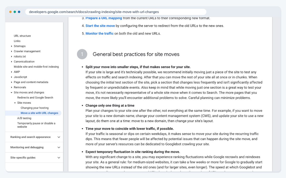 The general best practices section of Google's site move guide, which advises changing one thing at a time and expecting temporary ranking changes while Google recrawls the site.