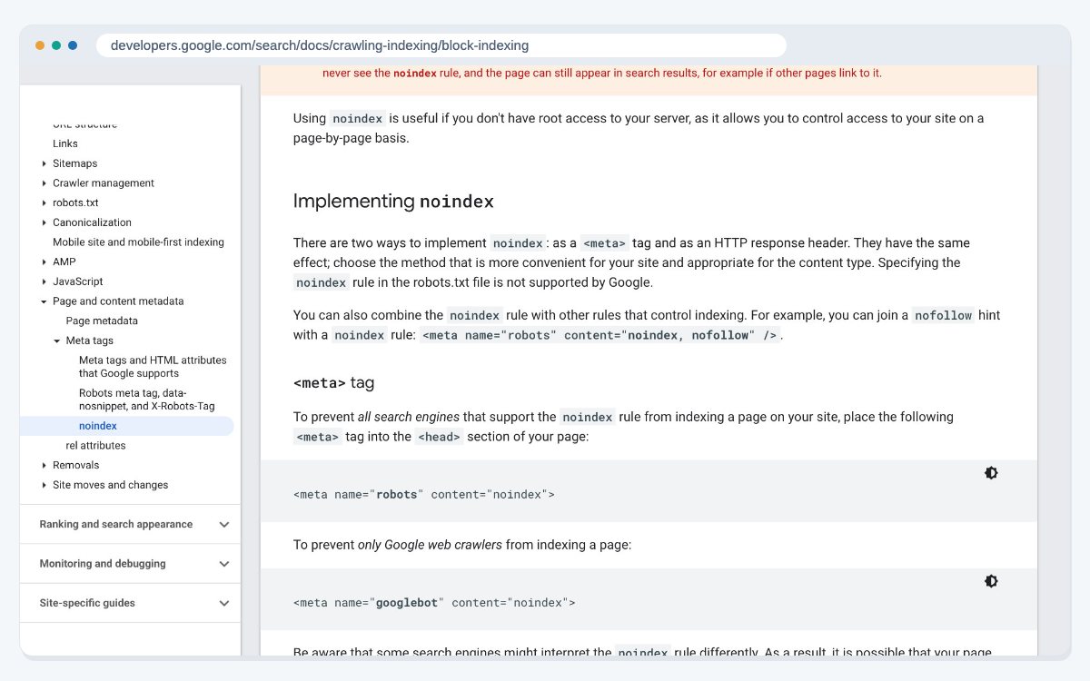 Google's page on blocking search indexing with noindex, at the section that explains the robots meta tag and the X-Robots-Tag HTTP header.
