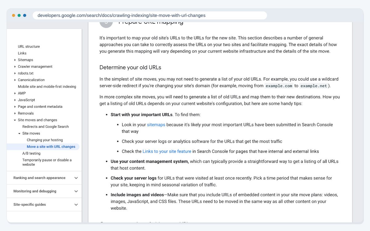 The Determine your old URLs section of Google's site move guide, which suggests building the list from sitemaps, server logs, analytics and Search Console link data.