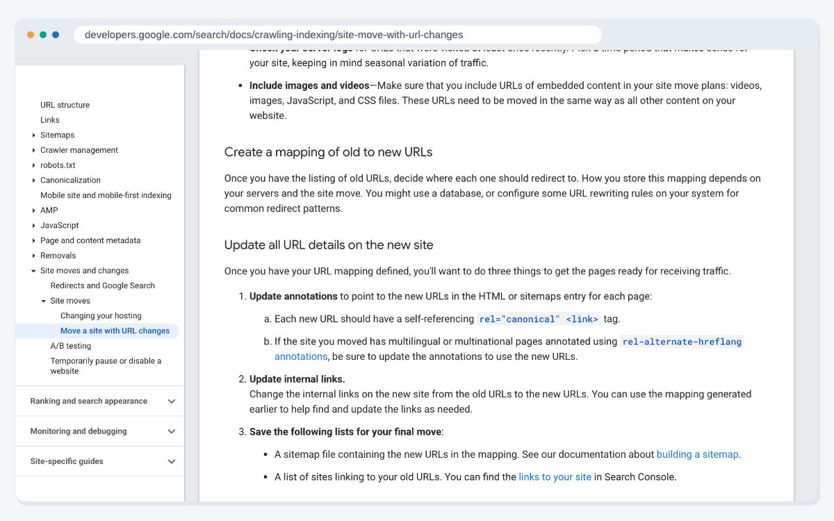 Google's site move guide at the section on creating a mapping of old to new URLs, followed by its advice on updating canonical tags, hreflang and internal links.