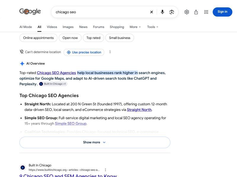 Google results for chicago seo. Google's AI Overview comes first, above the regular results. It lists Chicago SEO agencies.