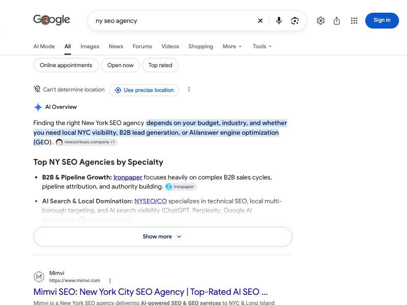 Google results for ny seo agency. Google's AI Overview comes first, above the regular results. It lists New York SEO agencies grouped by specialty.