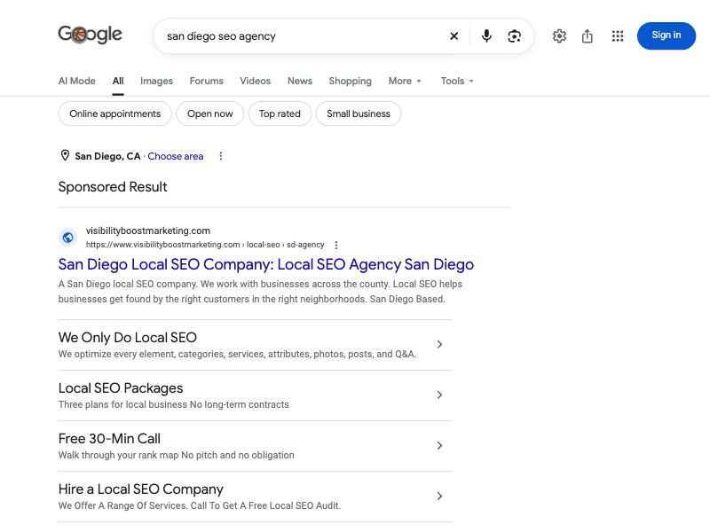 Google results for san diego seo agency. A paid (Sponsored) result with extra links fills the top of the page.